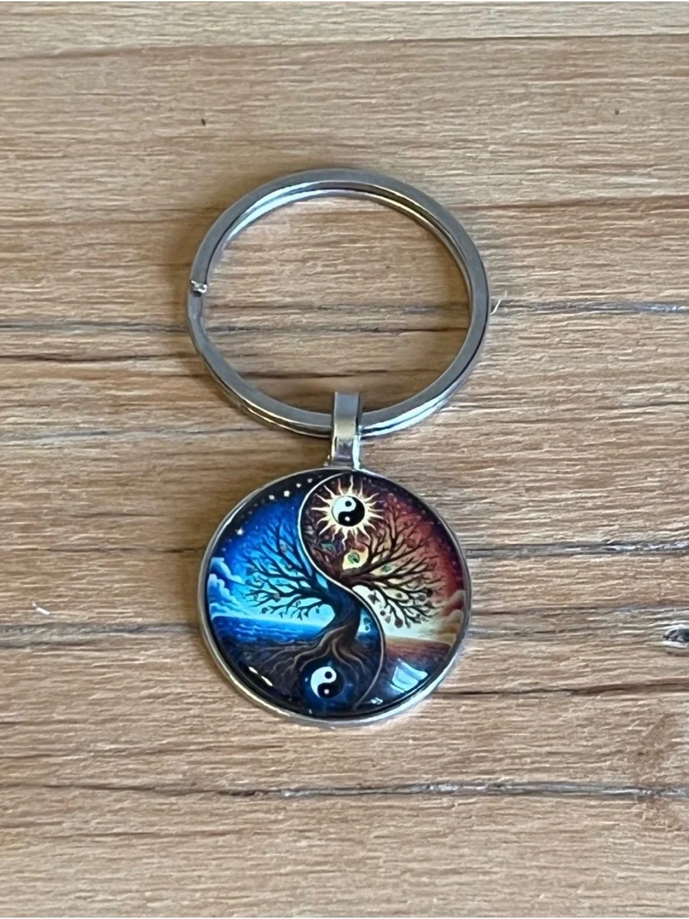 Keyring-Yin Yang Tree of Life Round Pendant Charm-Silver Hardware  -NWOT
